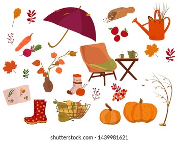 Autumn collection of elements for your design with pumpkins, leaves, vegetables, fruits, umbrella, boots.  Vector illustration.