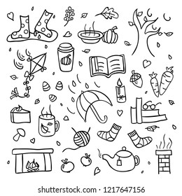 Autumn collection of fall things wind and rain drawing isolated set
