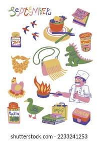Autumn collection, fall-themed sticker set. September flat illustrations in vintage colors. Isolated on white background.