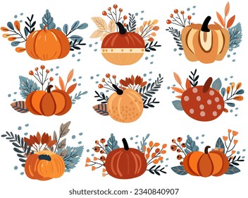 Autumn collection featuring a pumpkin composition, multicolored foliage, red berries. Great for websites, banners, greeting cards, Thanksgiving. Vector illustration
