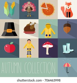autumn collection flat icons vector