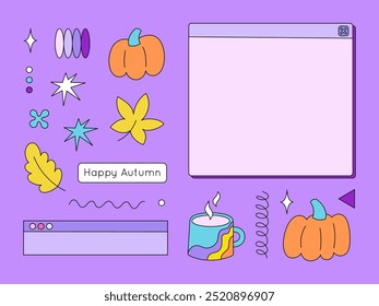 Autumn collection in flat neo brutalism design. Set of cyber aesthetic geometric shapes and fall decor. Retro pc design desktop windows. Vector illustration for social media or marketing material