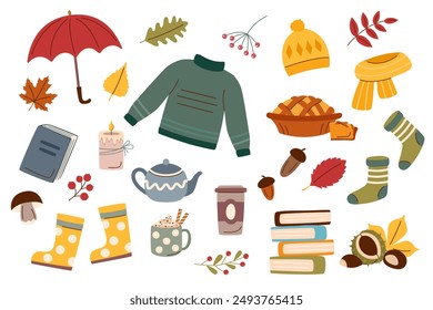 Autumn collection flat. Set of autumn elements. Autumn concept. Clipart. Autumn clothes set.