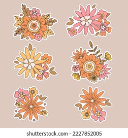Autumn collection of floral stickers. Bright and colorful hand-drawn stickers with autumn decorative elements. Vector illustration.