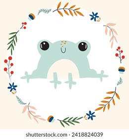 autumn  collection with floral wreath and animals. Sheep, cat, frog and snail.  Vector illustration.