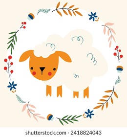 autumn  collection with floral wreath and animals. Sheep, cat, frog and snail.  Vector illustration.