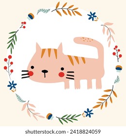 autumn  collection with floral wreath and animals. Sheep, cat, frog and snail.  Vector illustration.