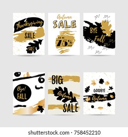 Autumn Collection. Gold paint in white square. Brush strokes for the background of poster.