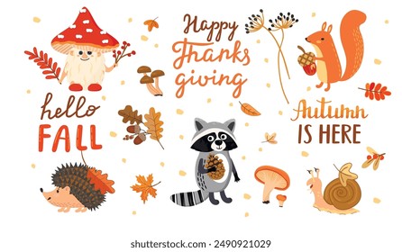 Autumn collection with handwritten and woodland characters.Cartoon hedgehog, snail, squirrel, raccoon and fly agaric mushroom.White background with foliage.Vector design for use in card,textile.