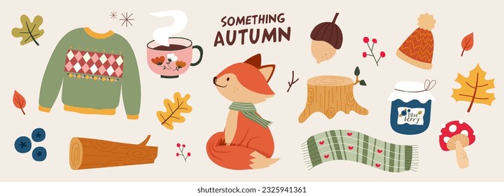 Autumn collection illustration. Banner, vector, fox, coffee, leaves, jumper, blueberry, nut, wood, scarf, mushroom and beanie
