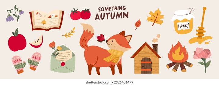 Autumn collection illustration. Banner, vector, fox, letter, leaves, bug, tomato, flower, book, houses, flame, apple and glove.