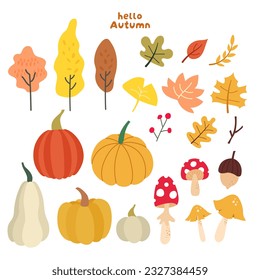 Autumn collection illustration. Banner, vector, leaves, nut, tree, mushroom and pumpkin with Autumn color.