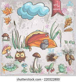 Autumn collection with images of birds, animals, fungi, flowers, cones for children. Set 2.