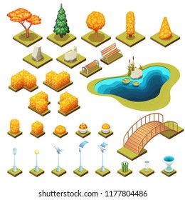 Autumn collection of isometric trees, rocks, and different park objects. Vector isolated illustrations.