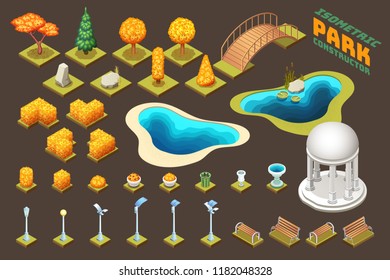 Autumn collection of isometric trees, rocks, and different park objects. Vector isolated illustrations.