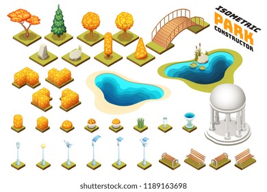 Autumn collection of isometric trees, rocks, and different park objects. Vector isolated illustrations.