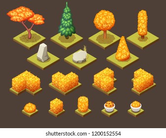 Autumn collection of isometric trees, rocks, and different park objects. Vector isolated illustrations.