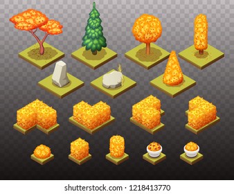 Autumn collection of isometric trees, rocks, and different park objects. Vector isolated illustrations.