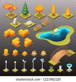 Autumn collection of isometric trees, rocks, and different park objects. Vector isolated illustrations.