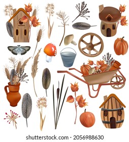 Autumn Collection kind of dry herbs, pumpkin, forest mushrooms, Feathers, Autumn houses, cart with pumpkin, pine cone, bouquets dry herbs, straw, birdhouse, on a white background. Vector icons.