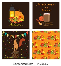 Autumn collection with one seamless pattern and three cards.