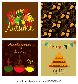 Autumn collection with one seamless pattern with physalis and three cards.