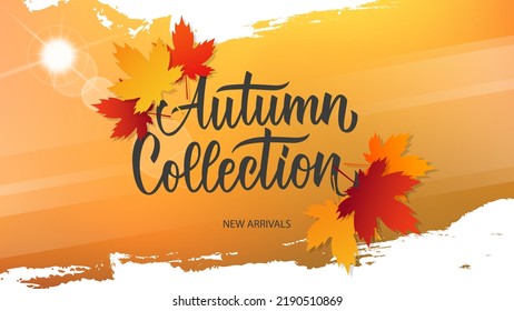Autumn Collection promotional banner. Fall season new arrivals background with hand lettering and autumn leaves for seasonal shopping, promotion and advertising. Vector illustration. - Shutterstock ID 2190510869