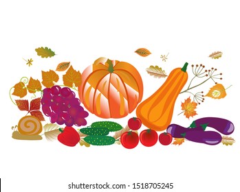 Autumn Collection of  pumpkins and autumn, flower, leaves, acorns, tomatoes 
