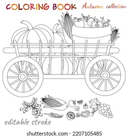 Autumn collection  Pumpkins trolley   fruits in sacks  Autumn still life  Relaxation coloring template  Editable vector illustration 