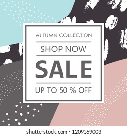 Autumn collection sale banner. Shop now. Up to 50% discount