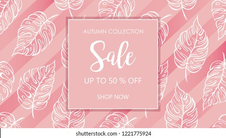 Autumn collection sale banner. Shop now. Up to 50% discount. Pink leaves pattern background