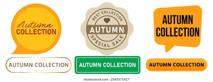 Autumn collection seasonal promotion commerce advertising offer ads product market shop deal sale season stamp colorful badge sticker emblem design icon set