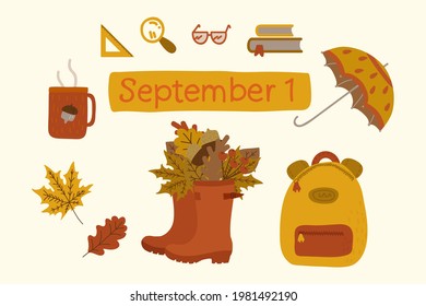 Autumn collection September 1. Set concept children are going to school in the fall. Umbrella, backpack, boots, autumn foliage, ruler, hot cup of drink, pencils. The doodle is a symbol of school.