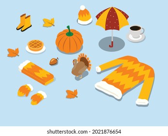 Autumn collection set 3d isometric vector illustration for web, card, sticker kit, web icon