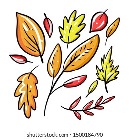 Autumn collection set hand drawn vector illustration. Isolated on white background. Cartoon style. Design for decor, cards, print, web, poster, banner, t-shirt