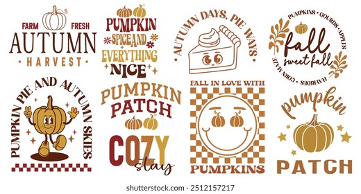 Autumn collection set. Hand drawn autumn seasonal colorful drawings and lettering vector illustration. Autumn phrases with cute and cozy decorative element