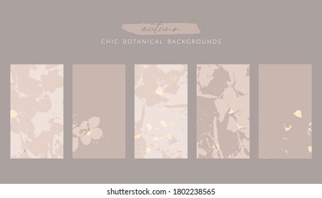 Autumn collection set trendy chic social media stories backgrounds with botanical floral motifs and gold foil touch in nude beige pastel color palette
