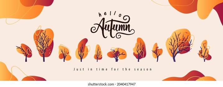 Autumn collection of trees in line art drawing with abstract shape