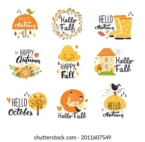 Autumn collection with typographic design elements. Fall leaves, wreaths, and flowers. Hand drawn vector illustration