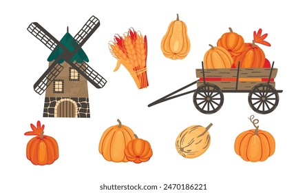 Herbstliche Kollektion mit verschiedenen Kürbissen, Oldtimer-Wagen, Mühle und Schar von Weizenohren.Cartoon flache Abbildungen für das Erntefest.Vektorgrafik ländliche Design isoliert auf weißem Hintergrund.