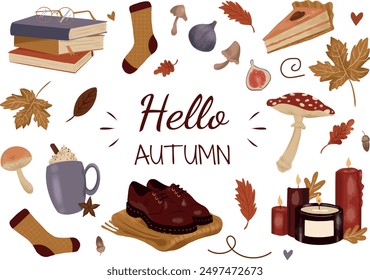 Autumn collection, vector illustrations set. Cozy mug, cup, pumpkin spice latte, leaves, book, candle, fig, socks, shoes, pumpkin cake, mushroom. Fall greeting card with hand lettering