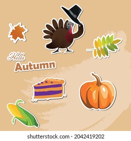 Colección otoñal de pegatinas vectoriales. conjunto de dibujos vectoriales del día de acción de gracias. Turquía, calabaza, pastel y hojas de otoño. Esbozo vectorial otoño noviembre