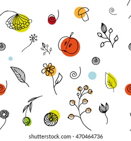 Autumn color background. It can be used for packaging or fabric. Berries flowers fruits hand-drawn