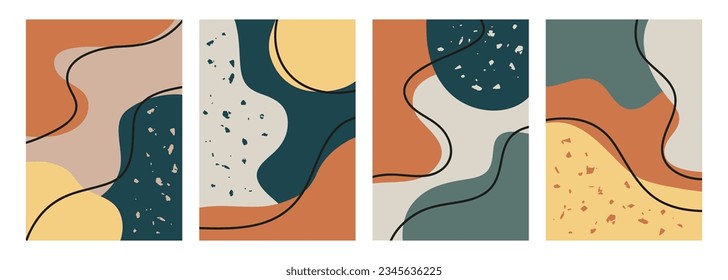 Autumn color backgrounds with various abstract shapes and black outlines for seasonal creative graphic design. Fall season collection. Vector illustration.