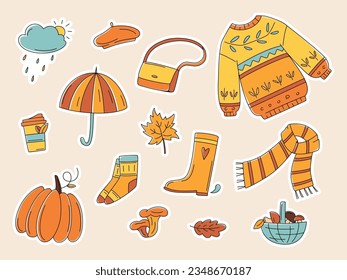 Autumn color doodle stickers. Hand drawn vector set of sketches: jumper, umbrella, boots, cloud,  leaves, pumpkins, mushrooms. Autumn walking, harvest festival. Fall season elements 