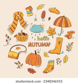 Autumn color doodles in circle shape. Hand drawn vector set of sketches: pumpkin, cloud, mushrooms, leaves, scarf, umbrella. Harvest festival. Fall season elements for card, poster, sticker