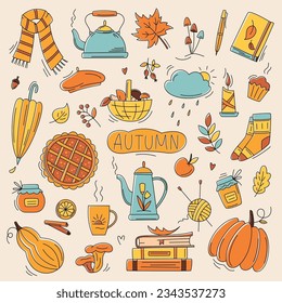 Autumn color doodles. Hand drawn vector set of sketches: scarf, teapot, pumpkin pie, cloud, mushrooms, leaves, pumpkins. Autumn, hygge, harvest festival. Fall season elements for card, poster, sticker