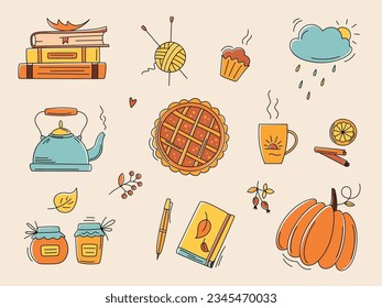 Autumn color doodles. Hand drawn vector set of sketches: teapot, pumpkin pie, cloud, leaves, pumpkins, jam, books. Autumn, hygge, harvest festival. Fall season elements for card, poster, sticker