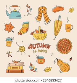 Autumn color doodles. Hand drawn vector set of sketches: scarf, teapot, pumpkin pie, cloud, mushrooms, leaves, pumpkins. Autumn, hygge, harvest festival. Fall season elements for card, poster, sticker
