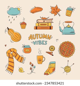 Autumn color doodles. Hand drawn vector set of sketches: scarf, teapot, pumpkin pie, cloud, mushrooms, leaves, pumpkins. Autumn, hygge, harvest festival. Fall season elements for card, poster, sticker